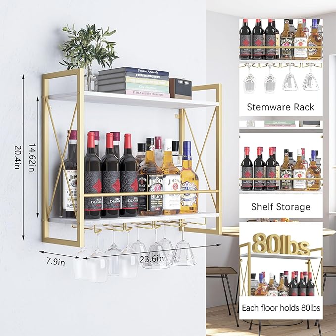 Dokser Wine Rack Wall Mounted 2 Tier Shelf, Wall Wine Rack with Industrial Iron & Rustic Wood Frame Wine Bottle Holder for Kitchen, Dining Room, Home Bar Decor (Gold)