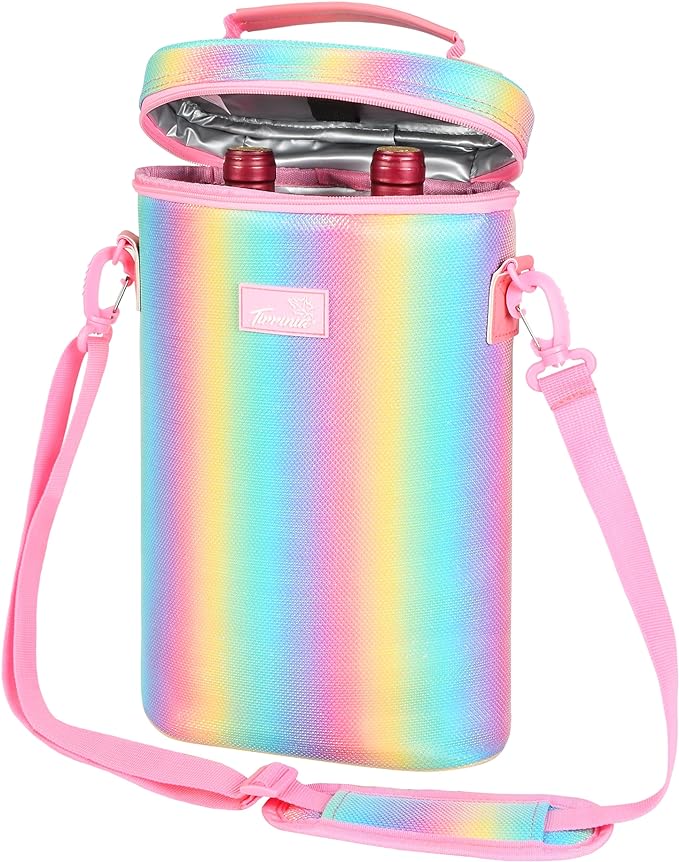 Tirrinia 2 Bottle Wine Gift Tote Carrier - Leakproof & Insulated Padded Versatile Wine Cooler Bag for Travel, BYOB Restaurant, Wine Tasting, Party, Dinner, Gift for Wine Lovers, Rainbow