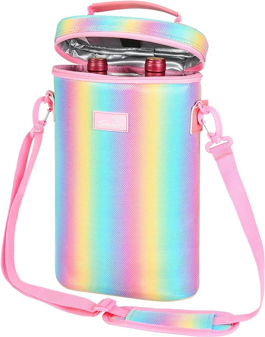 Tirrinia 2 Bottle Wine Gift Tote Carrier - Leakproof & Insulated Padded Versatile Wine Cooler Bag for Travel, BYOB Restaurant, Wine Tasting, Party, Dinner, Gift for Wine Lovers, Rainbow