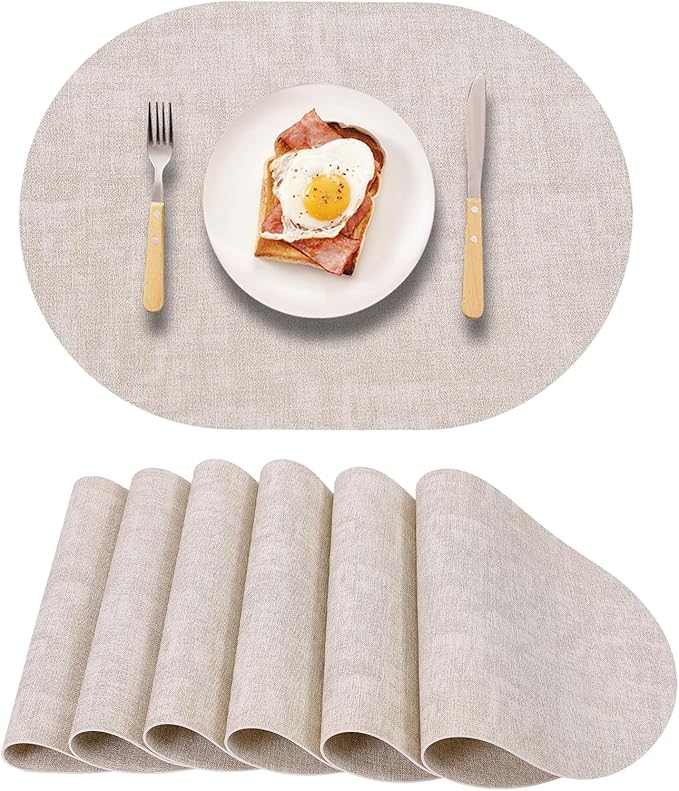 Table Placemats Set of 6 Oval,Beige Faux Leather Placemat Waterproof Reversible,Non Slip Heat Resistant Wipeable Kitchen Placemats for Dining Table,Modern Table Protectors
