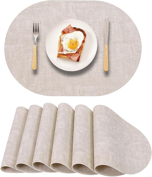 Table Placemats Set of 6 Oval,Beige Faux Leather Placemat Waterproof Reversible,Non Slip Heat Resistant Wipeable Kitchen Placemats for Dining Table,Modern Table Protectors