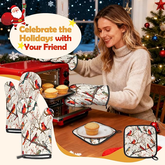 Oven Mitts Pot Holders Set 3 for Kitchen, Christmas Cardinal Insulation Oven Gloves Heat Resistant Pot Pads Cook Essentials Accessories for BBQ Baking Cooking Kitchen Decor Gifts for Women