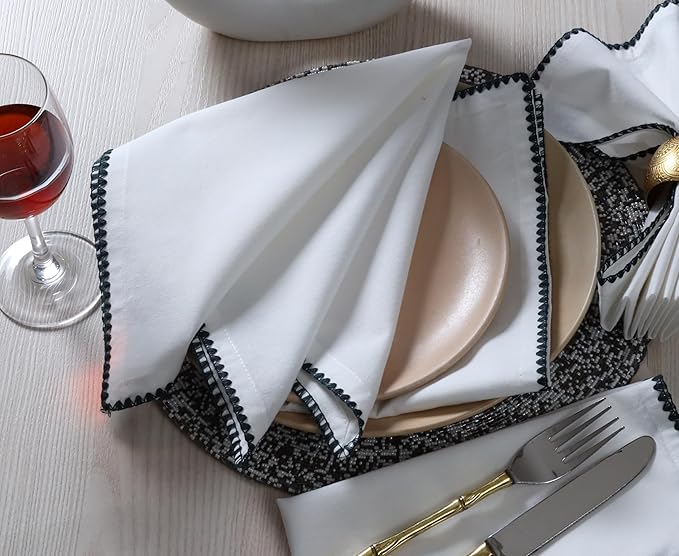 Bedding Craft Cotton Cloth Dinner Napkins Set of 12 – 18x18 Magical Forest Green Napkins with Colored Edge Embroidery – Durable Reusable Wedding Napkins for Dining Table Décor, Banquets & Restaurants