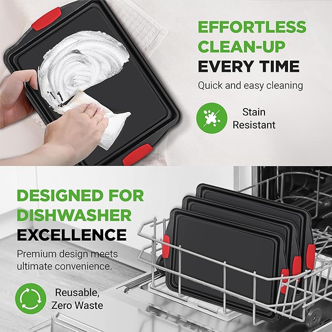 NutriChef 3-Piece Large Nonstick Cookie Sheets for Baking | Premium Food-Grade Carbon Steel, Non-Stick Tray Set with Silicone Handles, Oven Safe up to 446°F | Easy to Clean, 17.2 x 11.8 x 0.7 Inch