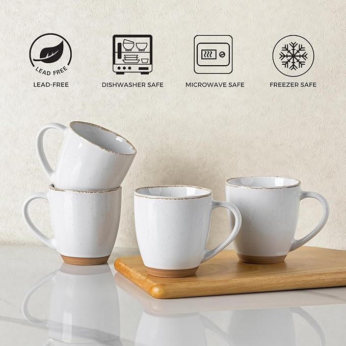 AmorArc 12oz Ceramic Coffee Mugs set of 4, Stylish Coffee Mugs with Rustic Terracotta Underside for Latte/Cappuccino/Milk/Cocoa, Dishwasher&Microwave Safe, White