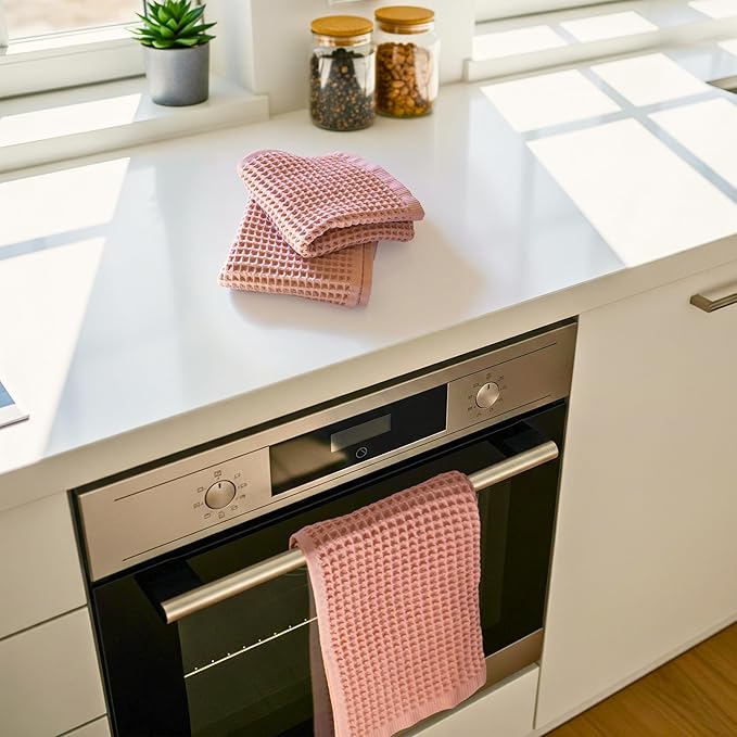 PÜSKÜL Organic Waffle Kitchen Towel 100% Turkish Cotton Set of 3 Pink - Premium Quality, Soft, Quick-Dry, Absorbent, Lint-Free Hand Towels 32X16 Inches (3, Pink Powder)