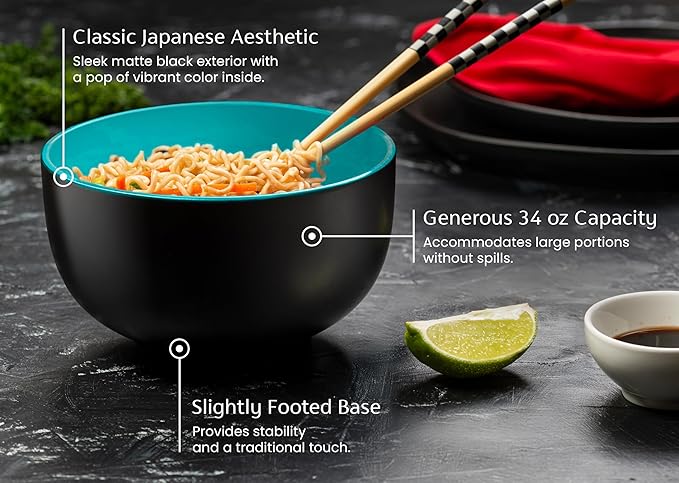 KooK Ramen Bowl, Japanese Bowls, Noodle Bowls, Large Soup Bowl, Ceramic, Large Capacity, For Ramen, Pho, Udon, Soba, Microwave and Dishwasher Safe, 34 oz, Set of 4 (Black/Teal)