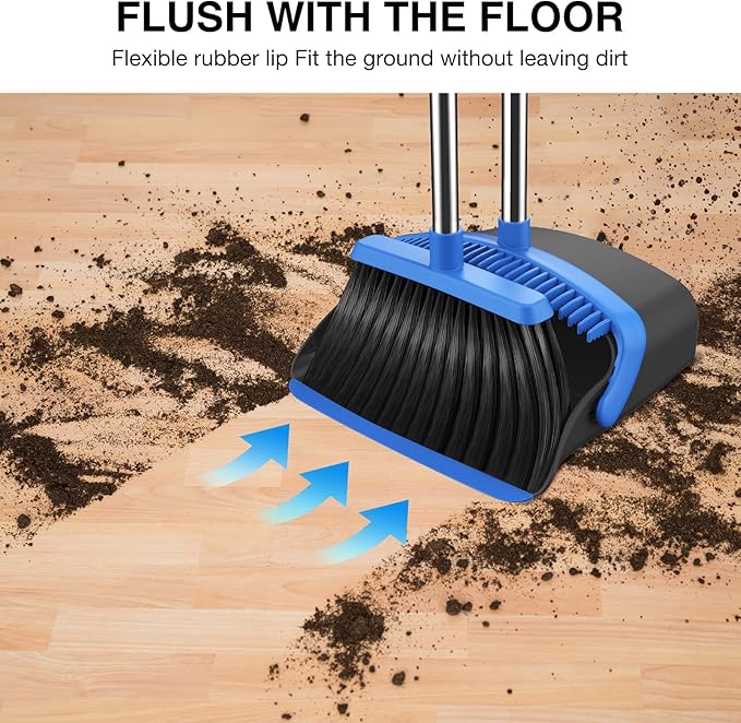 Broom and Dustpan Set, 52-in Long Adjustable Handle Broom Dustpan Combo with Dust pan Teeth to Automatically Clean Hair Suitable for Home Kitchen Office Hall Floor (Black&Blue), 4 Pack