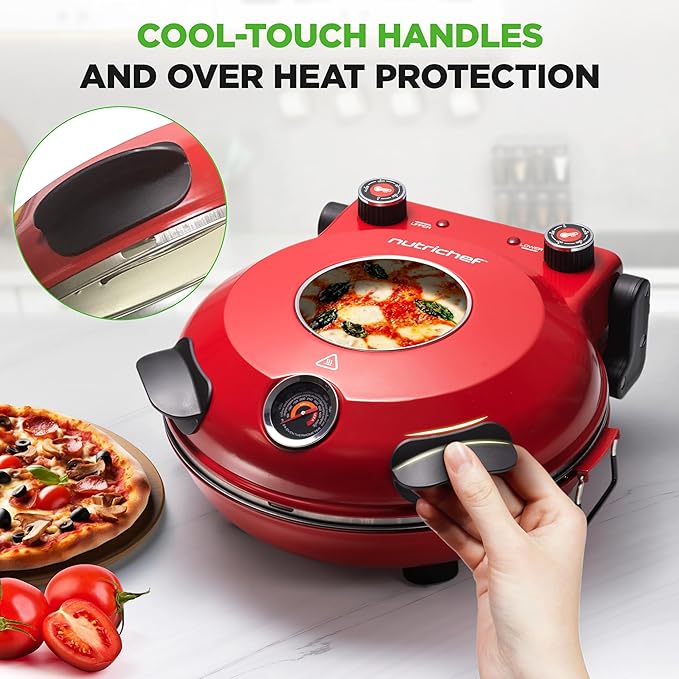 NutriChef Electric Pizza Oven | 1200W Countertop Pizza Maker with Temperature Control & Thermometer | Viewing Window for Precise Cooking | Heats up to 800˚F | Easy to Clean Non-Stick Coating | Red