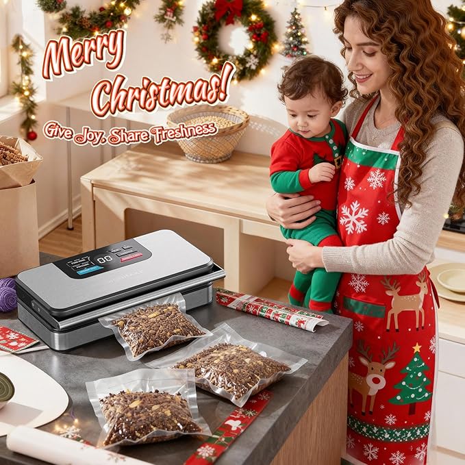 95Kpa Powerful Vacuum Sealer for Food, 10-in-1 Vacuum Sealer Machine with Easy Handle, Built-in Cutter and Roll Storage, Digital Countdown Display & Premium Stainless Steel for Long-Lasting Freshness