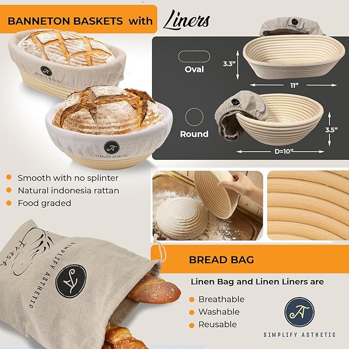 Premium Banneton Bread Proofing Baskets - A Complete Sourdogh Bread Baking Kit - Sourdough Starter Jar Kit 1000ml, Round and Oval Slings