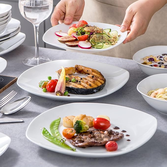 MALACASA Dinnerware Sets, 24-Piece Porcelain Square Dishes, Grey White Ceramic Dish Set for 6, Chip and Scratch Resistant Plates and Bowls Sets, Series ELISA