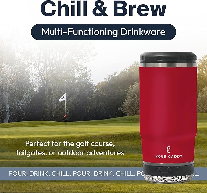 Chill & Brew, Insulated Can & Bottle Holder, Bluetooth Cup with Speaker, Fits 12 oz Cans, Skinny Cans, Most Bottles & Cold Drinks, Red