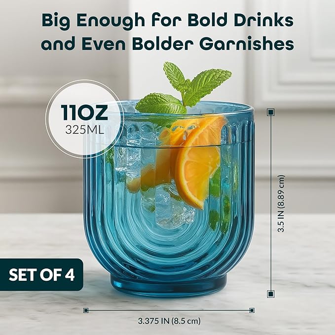 Glaver's Double Old Fashioned Rock Glasses, Set of 4 Blue Whiskey Glasses, 11 oz Art Deco U-Shape Design Embossed Everyday Home Bar Glassware. Art Deco Elegant Kitchen Drinking Glasses.