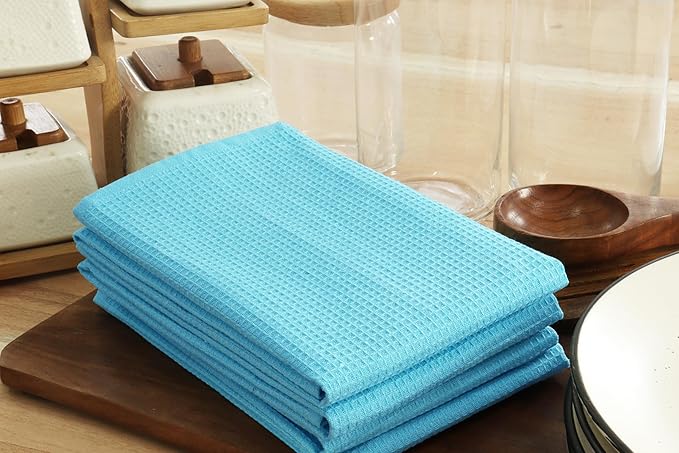 PurpleEssences Waffle Weave Kitchen Towel, 100% Cotton 15x25 Inches, with Hanging Loop Soft Absorbent Quick Drying Dish Cloth, Tea and Hand Towels, 6 Pack - Christmas Holiday Winter - Aqua Blue