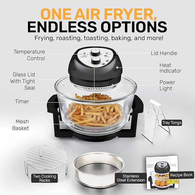 Big Boss 16Qt Extra Large Glass Air Fryer Non Toxic – Family Sized 4 in 1 Cooker with 3 Cooking Sections, Stainless Steel Racks for French Fries, Chicken, No Preheat, Self Cleaning, Dishwasher Safe