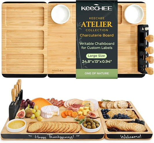 Charcuterie Board Gift Set: Large Bamboo Cheese Board with Chalkboard Edge & Forks - Ideal for Housewarming, Weddings, Bridal Showers, and Unique Gifts for Mom