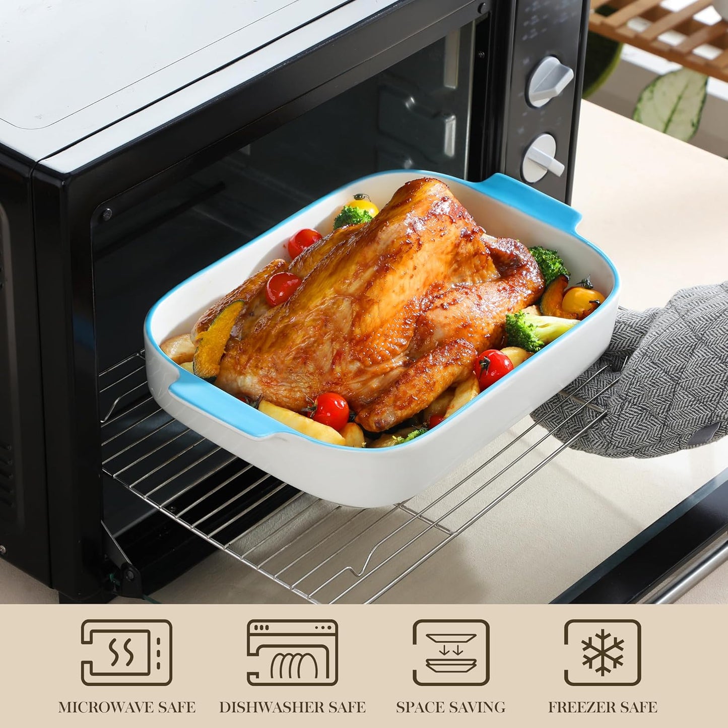 MALACASA Casserole Dishes for Oven, Ceramic Baking Dishes Set of 3, Rectangular Lasagna Pan Deep Baking Pans, Bakeware Sets with Handles Gift Set, White with Blue Trim(13.8''/11.7''/9.4''), Series BAKE