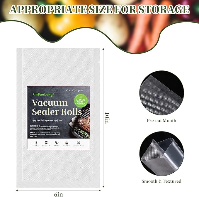 Vacuum Sealer Bags For Food,100 Quart 6" x 10",Commercial Grade BPA Free Bag, Durable Customized Size Food Vac Bags for Storage and Sous Vide Cooking，Puncture Prevention