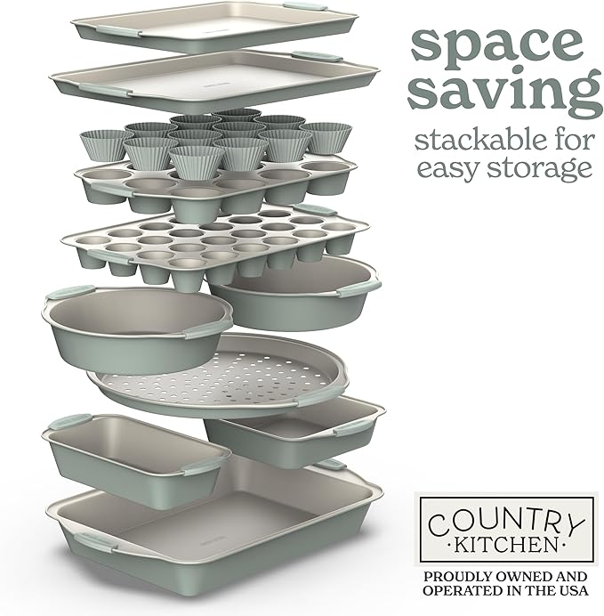 Country Kitchen Nonstick Stackable Bakeware Set - Durable, Easy Release Baking Set- 22 Pc. Includes Silicone Muffin Cups
