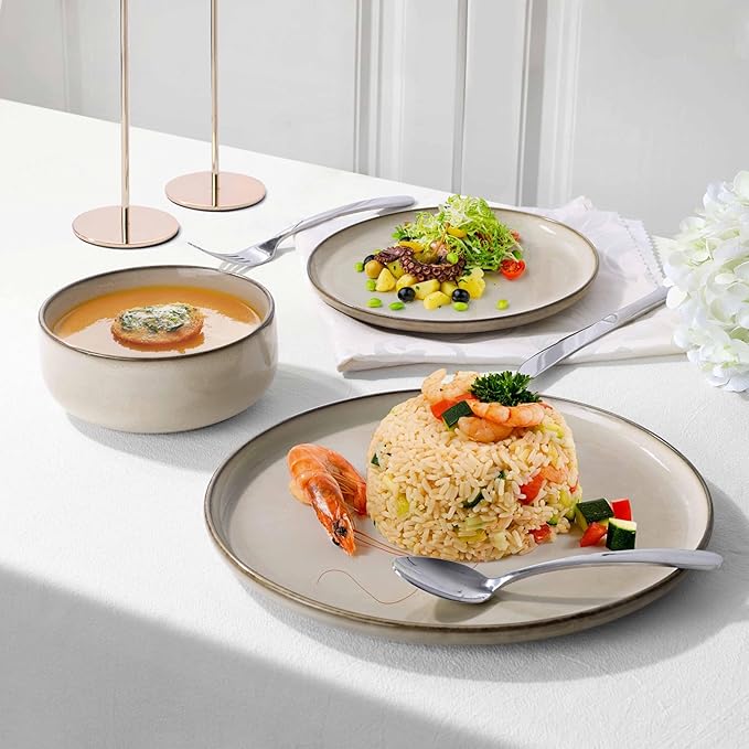 Herogo Stoneware plates and bowls sets for 2, 6 Pieces Modern Round Dinnerware, Reactive Glaze Dishes Set for Kitchen, Chip Resistant, Microwave & Dishwasher Safe, Cream Khaki