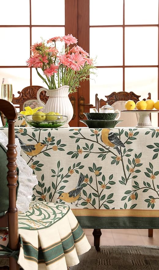 patdrea Designer French Table Cloth Rectangle Table,Green Spring Summer Linen Tablecloth,Yellow Brids and Green Leaves Pattern Tablecloths,Decor Kitchen Dining Holiday Christmas,67"x 118"