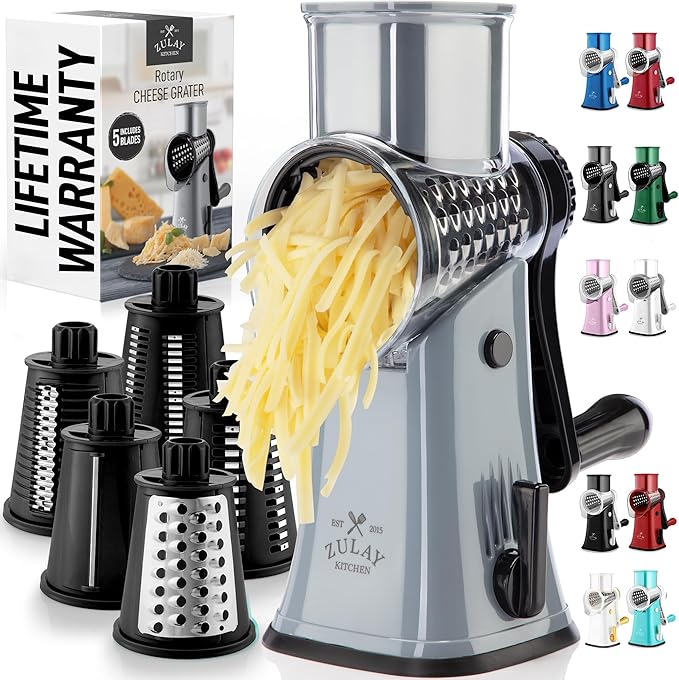 Zulay Kitchen Rotary Cheese Grater 5 Blade Cheese Shredder - Manual Hand Crank Cheese Grater With Reinforced Suction & 5 Interchangeable Drums - Easy to Use, Vegetable Chopper Round Mandoline Slicer