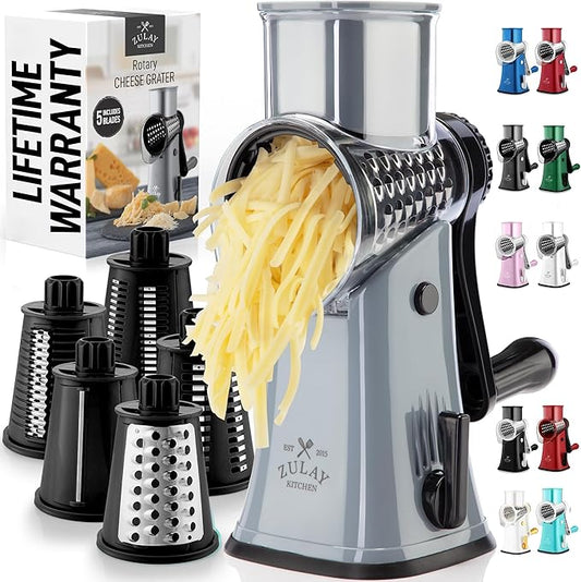 Zulay Kitchen Rotary Cheese Grater 5 Blade Cheese Shredder - Manual Hand Crank Cheese Grater With Reinforced Suction & 5 Interchangeable Drums - Easy to Use, Vegetable Chopper Round Mandoline Slicer