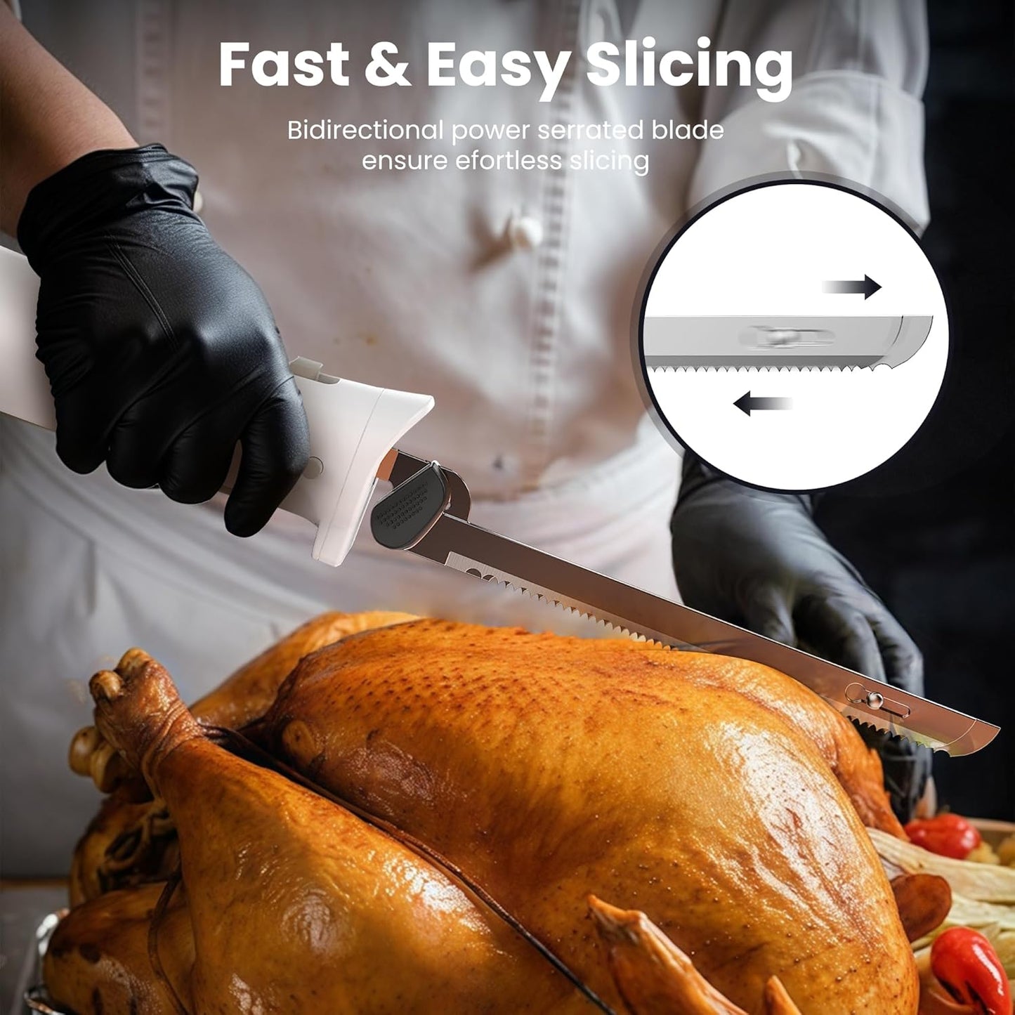 Electric Knife for Meat Slicing, Electric Bread Knife with 4 Stainless Steel Blades, Electric Carving Knife for Meats, Poultry, Bread, Cheese & More (White)