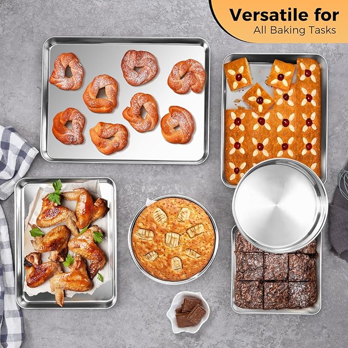 E-far Stainless Steel Baking Pan Set, 6-Piece Metal Bakeware Sets Include Cookie Sheet, Round Square Rectangle Cake Pans, Non-toxic & Dishwasher Safe