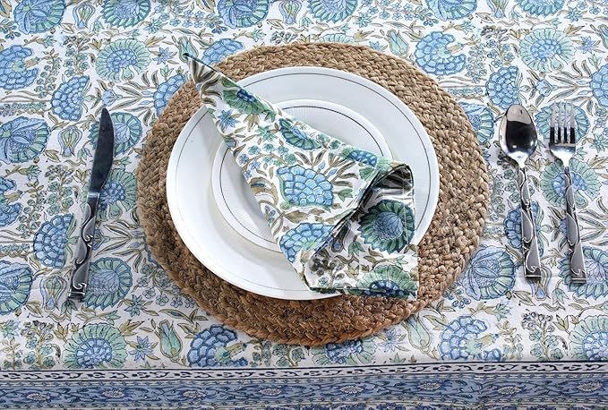 Ridhi Asparagus Green Floral Tablecloth 48x102 Inch Cotton Rectangular Tablecover Hand Block Print Washable Reusable Boho Dining Table Cloth for Wedding Thanksgiving Holiday Decor