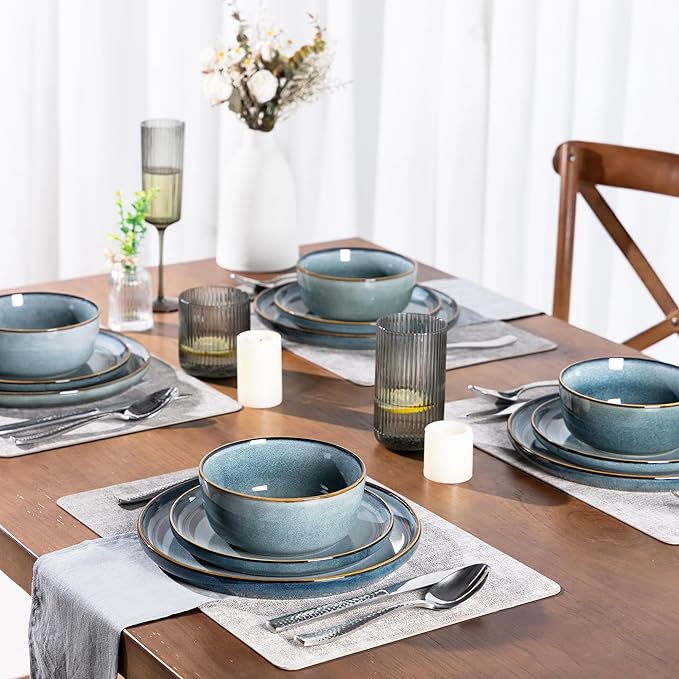 GBHOME 24 Pieces Double Bowls Ceramic Dinnerware Sets for 6, Stoneware Plates and Bowls Set with Reactive Glaze, Scratch Resistant Stoneware Dishes Set, Dishwasher & Microwave Safe