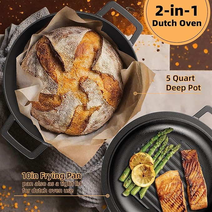 Cast Iron Dutch Oven Pot with Skillet Lid – Pre-Seasoned – Skillet Lid Cooking Pan– PFAS-Free –Umite Chef Cast Iron Skillet Cookware for Bread, Frying, Baking – Dual Handles – Oven, Grill, Campfire & Stovetop Safe – Durable & Non-Toxic, 5QT