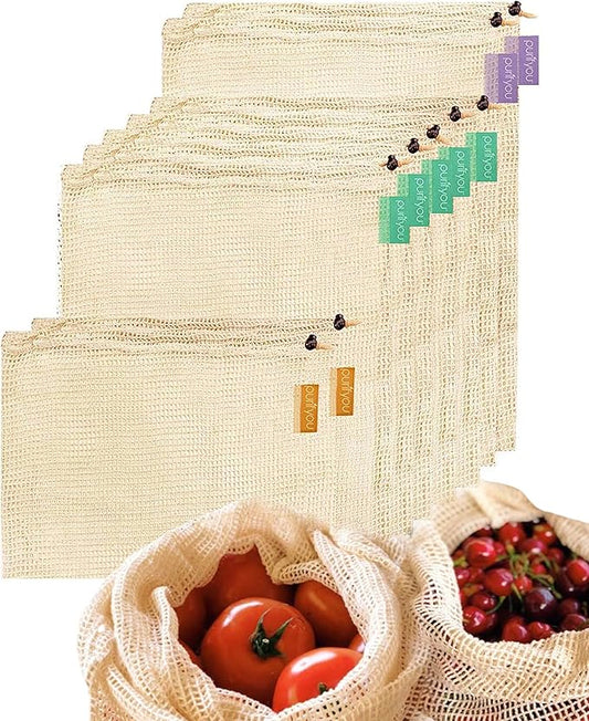 purifyou Set of 9 Reusable Organic Cotton Produce Bags – Heavy Duty Double-Stitched Mesh, Unbleached, Drawstring Closure – 2 XL (12x20), 5 L (12x14), 2 S (12x8)