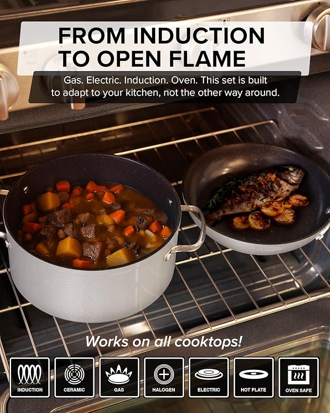 Nuwave Healthy G11-Pots and Pans Set Non Stick, 9H Near-Diamond Hardness Scratch-Resistant, Works on All Stovetops, PFAS Free, with Frying Pans, Saucepans & Glass Lids, Stay-Cool Handles, Tinsel