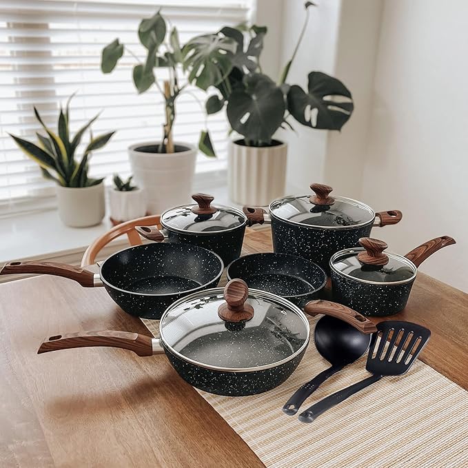 MAISON ARTS Pots and Pans Set Non Stick, 12 Piece Black Granite Kitchen Cookware Induction Compatible, Pot and Pan Sets for Cooking Nonstick