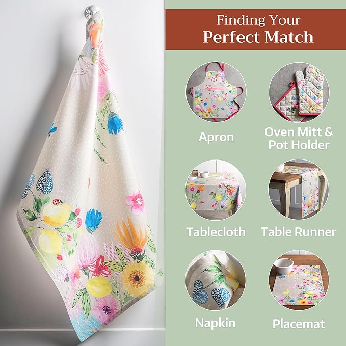 Maison d' Hermine Kitchen Towels Set of 2 100% Cotton 27.50" x 20" Reusable Cloth Tea Dish Towels Absorbent with Hanging Loop for Kitchen, Dining, Cocktail Parties Spring/Summer (Jardin D'Ete - Fog)