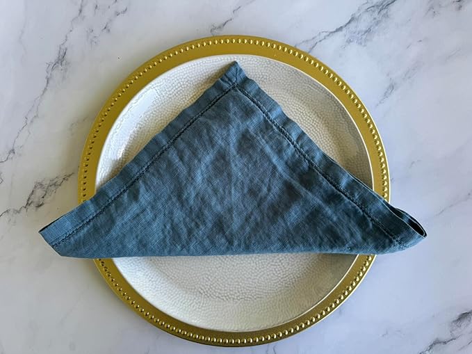 Hemstitched Linen Napkins – 20 Inch x 20 Inch – Stonewashed Pure Linen Cloth Dinner Napkins with Mitered Corners - 100% French Flax – Machine Washable - Set of 4 (Soft Teal Blue)