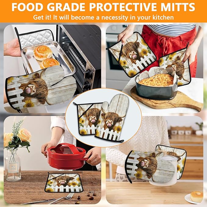 Sunflower Highland Cow Oven Mitts and Pot Holders Sets 4Pcs,Extra Long Oven Gloves Potholder for Kitchen Cooking Baking BBQ 100% Cotton Heat Resistant