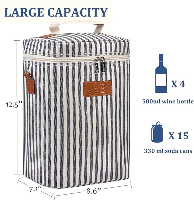 Tirrinia 4 Bottle Leakproof Insulated Wine Carrier Tote Bag - Padded and Portable for Travel, Restaurants, Tastings, Parties - Great Gift for Wine Lovers, Stripe Pattern