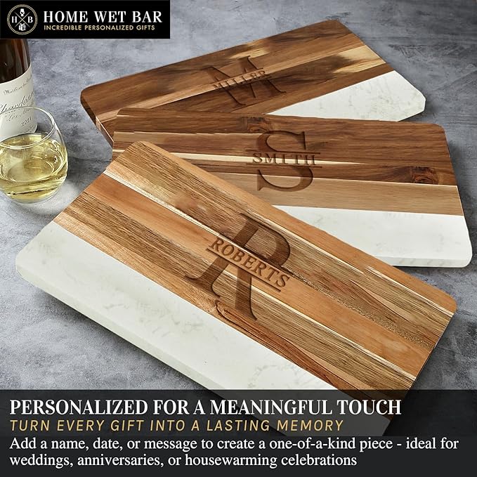 HomeWetBar Personalized Acacia Charcuterie Board | Custom 16" x 9" White Marble & Acacia Wood Cheese Board | Perfect Housewarming + Wedding + Couples Gift Idea