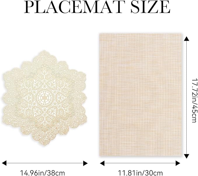 BACKTOEDEN Placemats Set of 4 Heat Resistant Washable Wipeable Placemats Woven Non-Slip Foldable Vinyl/Plastic Placemat Indoor/Outdoor Place Mats Kitchen Dining Table Mats, Gold Snowflake & Beige