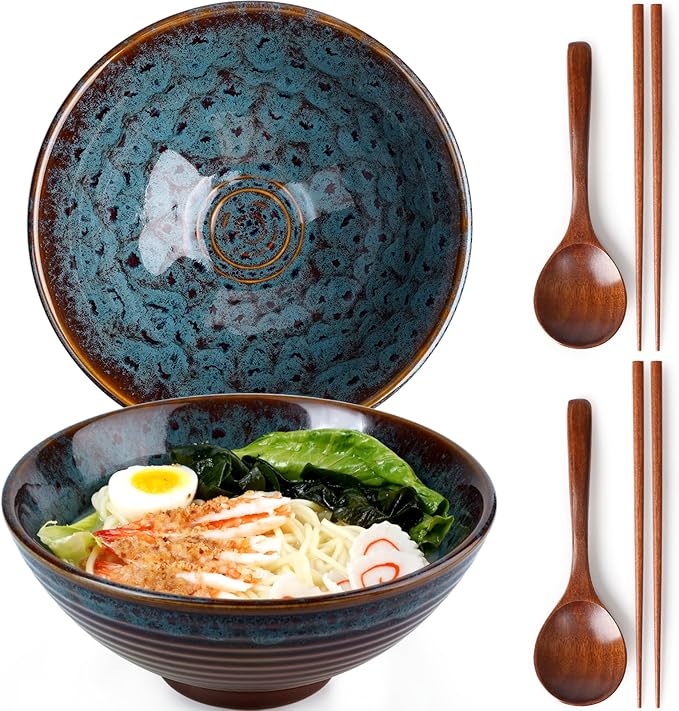 NUTRIUPS 8 Inch Ceramic Ramen Bowl Set of 2 Pho Bowls Japanese Noodle Udon Soup Bowls with Spoons and Chopsticks (Peacock Tail)
