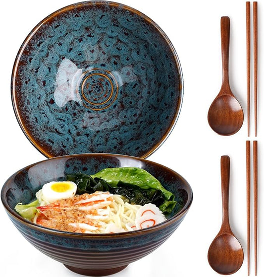 NUTRIUPS 8 Inch Ceramic Ramen Bowl Set of 2 Pho Bowls Japanese Noodle Udon Soup Bowls with Spoons and Chopsticks (Peacock Tail)