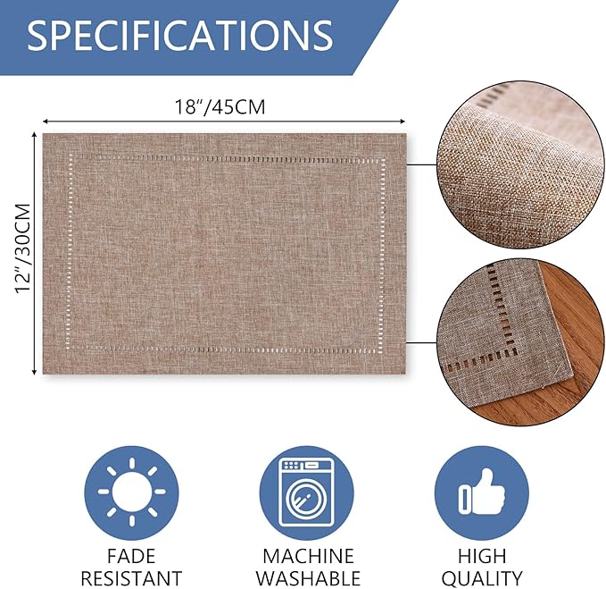 Tosewever Set of 6 Decorative Linen Placemats 12 x 18 Inches, Farmhouse Style Table Mats for Everyday Dining Wedding Party Holiday Home Decor (6 Pieces 12 x 18”, Light Coffee/Straight)