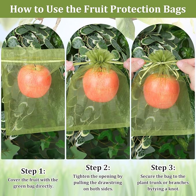 100 Pcs Fruit Protection Bags, 6x9inch Fruit Netting Bags, Green Drawstring Mesh Bags Fruit Cover Pest Barrier for Mangoes Tomatoes Fruit Trees Veggies Garden