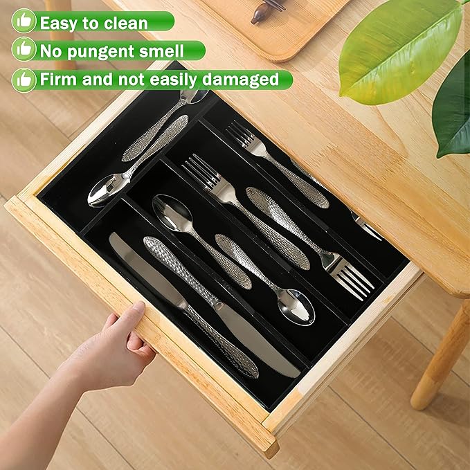 Greenual 2 Pack Black Silverware Organizer 10 In Utensil Organizer Silverware Tray for Drawer Cutlery Flatware Organizer for Kitchen Bamboo Wood