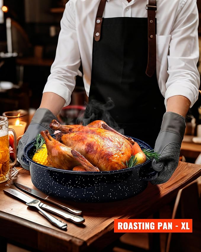 Roasting Pan with Lid and Rack 18" Dark Blue and White Speckled Design Large Oval Enamel Roast pan,Perfect for Thanksgiving Christmas Parties and Dinner Gatherings with Mesh Frame Gift Packaging