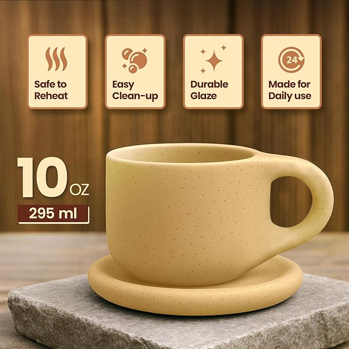 10oz Nordic Ceramic Coffee and Tea Mug – Cute Novelty Cup and Saucer Perfect for Coffee Lovers Gifts and Kitchen Essentials (White w/Black Speckles)