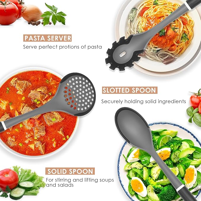 Kitchen Cooking Utensils Set, Non-Stick Spatula Set with Rotating Stand, 6 PCS Silicone Utensils Set for Cooking, 400°F Heat Resistant, Kitchen Gadgets with Nylon Handle & Stable Holder, Dark Grey